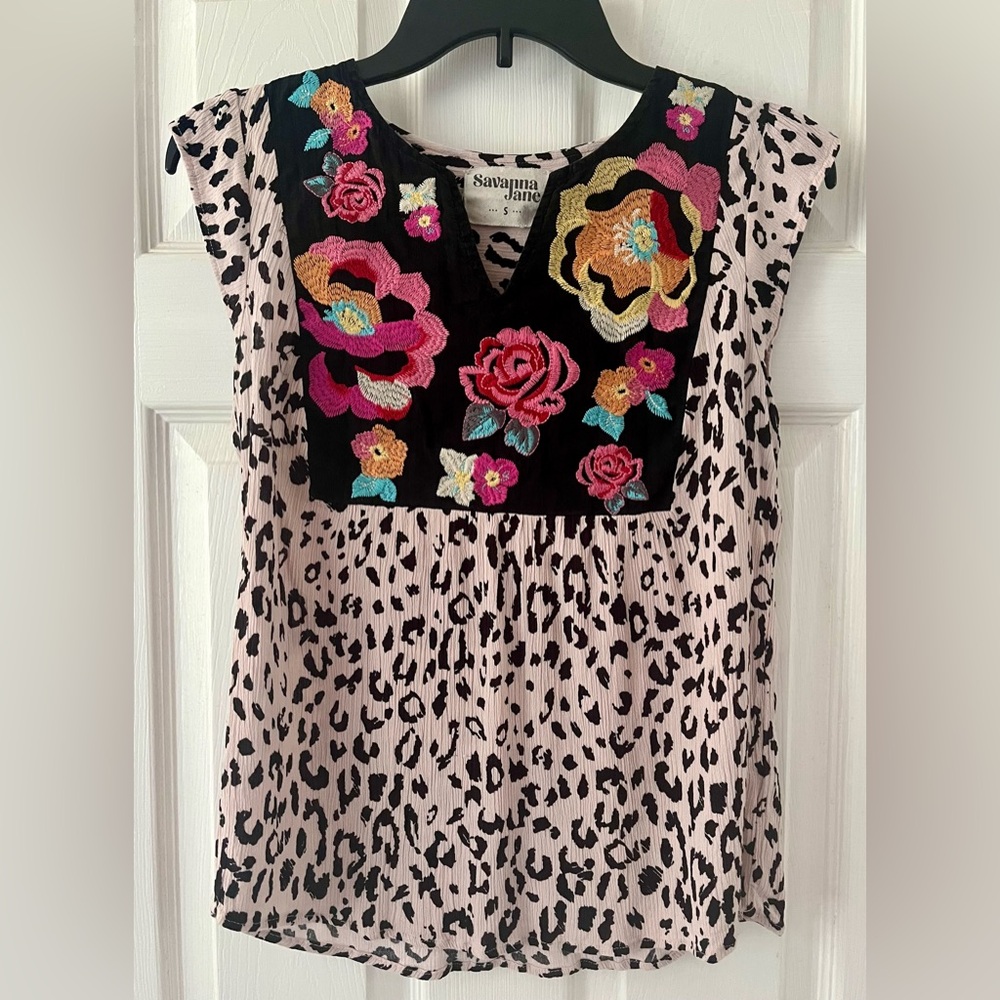 Savanna Jane Embroidered Animal Print Blouse
